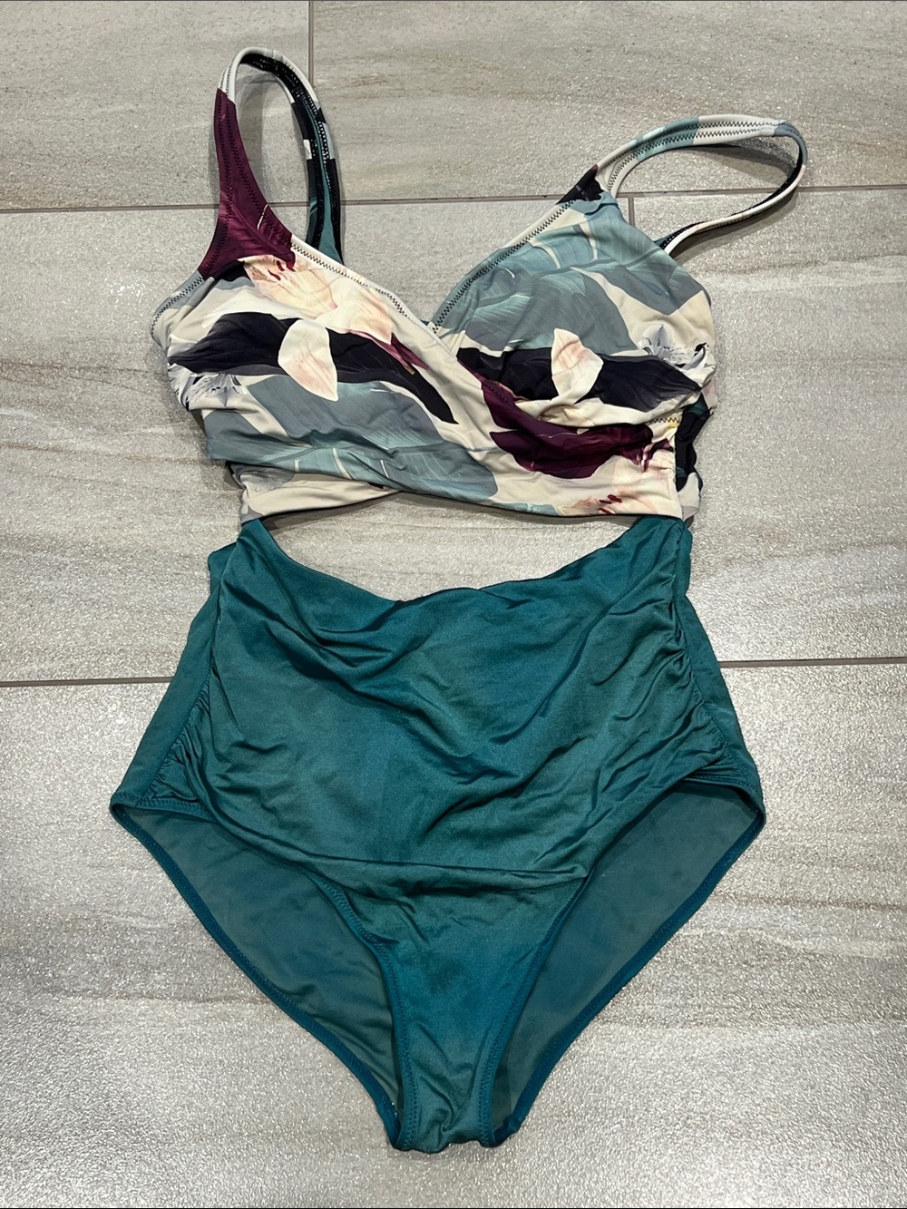 High-Waist Floral Twist One-Piece Swimsuit in Teal and Cream